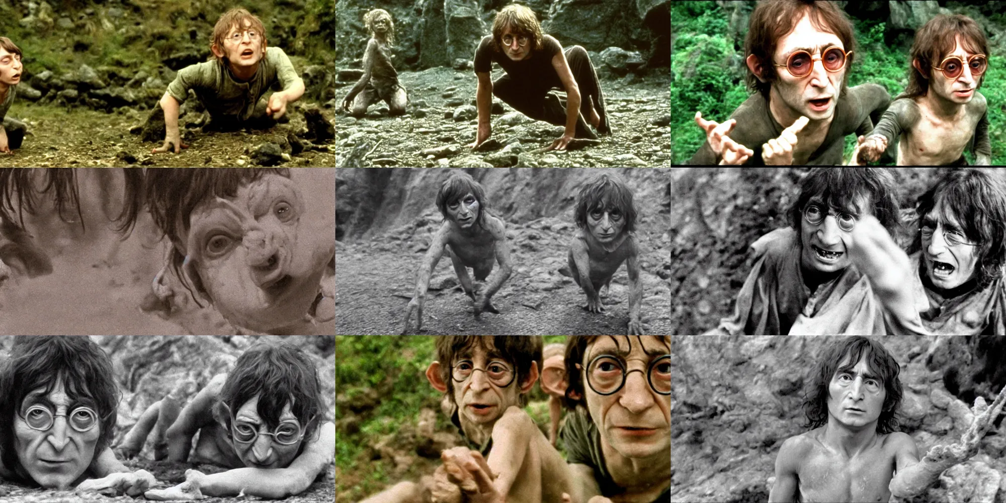 Prompt: A still of young John Lennon in Gollum makeup and costume, without glasses, on all fours, in The Lord of the Rings directed by Stanley Kubrick,