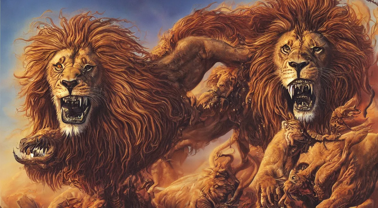 Image similar to a creature mixed with lion with full mane of spikes and crocodile skin by boris vallejo, graphic novel cover art, heavy metal cover art, airbrush, oil painting