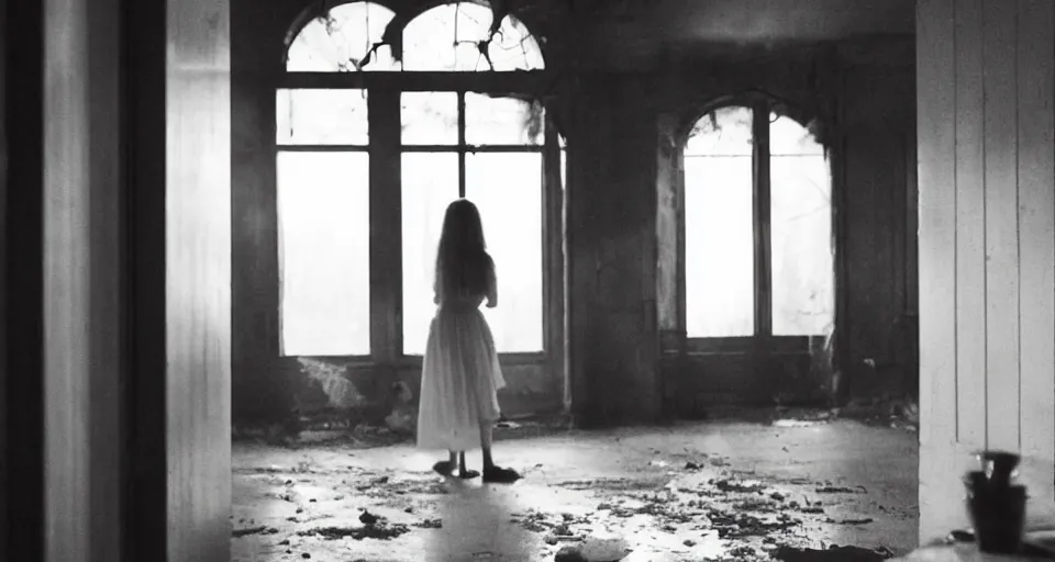 Prompt: Horror film, cinematic tones. Scene where a woman in white looking the window at midnight, view inside the room