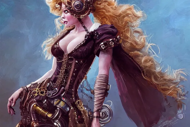 Image similar to three-quarters pose portrait of Margot Robbie as a beautiful Lady Mechanika, very beautiful young woman, ginger wavy hair, Victorian-era push-up underwire. Intricate, steampunk imagery themed, D&D!, fantasy style, sharp focus!, ultra detailed, art by Artgerm and Peter Andrew Jones