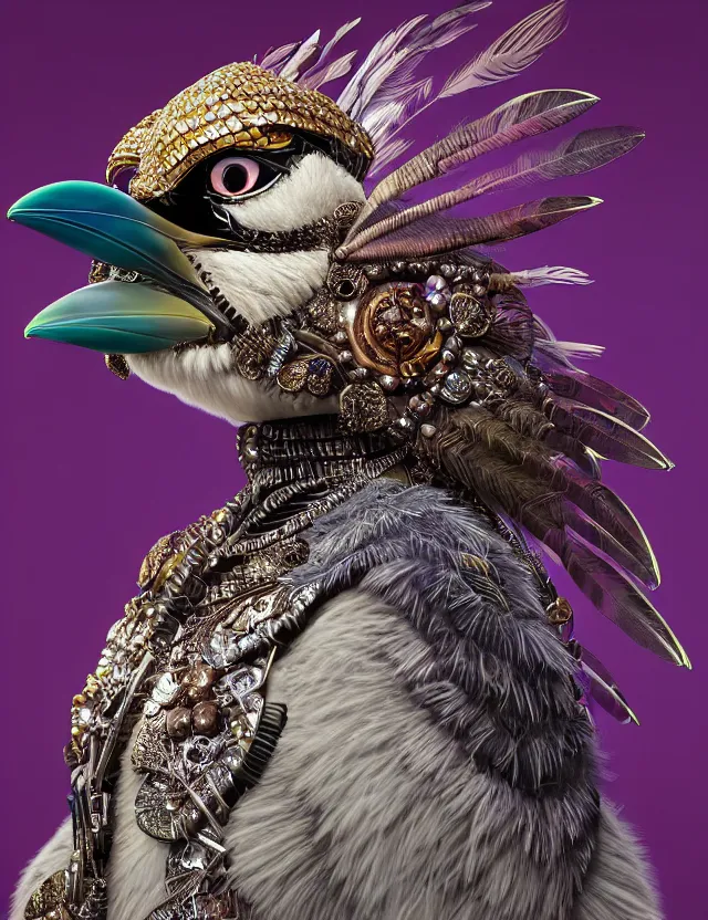 Image similar to 3 d goddess close - up profile portrait with feathers, fur, and bones wearing a beautiful intricately detailed kookaburra mask and retrowave sorceress outfit. lizard scales, reflective chitin, optical mineralogy, songlines, plasma, creature, artwork by tooth wu and android jones wlop and android jones and beeple and greg rutkowski