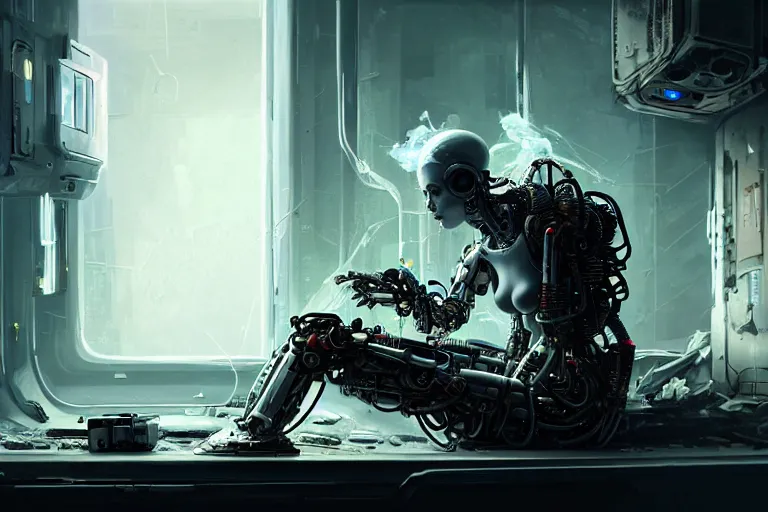 Image similar to Ultra realistic illustration, beautiful alluring damaged cyborg sitting on the floor of a destroyed spaceship, smoking a cigarette while being put back together in an super advanced military medical bay, cyberpunk, sci-fi, fantasy, sparks, small flames, smoke, intricate, elegant, highly detailed, digital painting, artstation, concept art, smooth, sharp focus, illustration, gorgeous cinematic lighting, art by artgerm and greg rutkowski and alphonse mucha