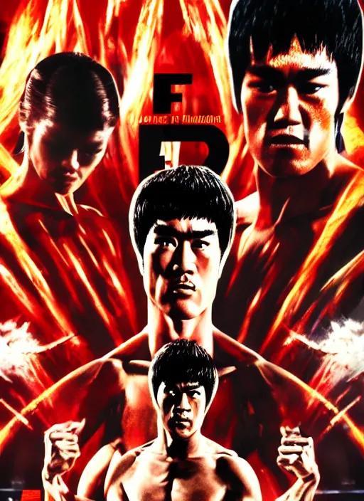 Prompt: Film poster Bruce lee fights VS terminator, faces look at each other, detailed and realistic, 4k, filmic render