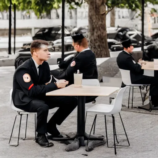 Image similar to special forces soldiers in black suits sitting at the cafe and drinking coffee