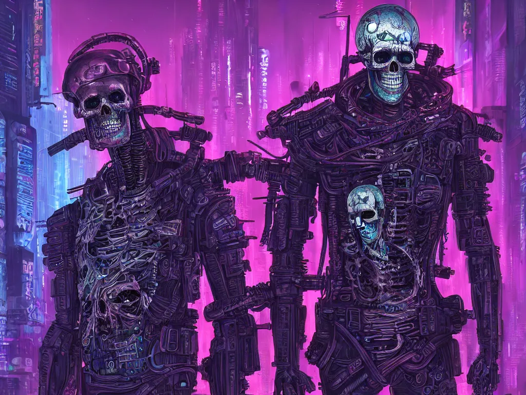 Image similar to high detailed dead android skull samurai in a cyberpunk rainy city at night by Josan Gonzalez, purple and blue neons, unreal engine, high quality, 4K, UHD, trending on ArtStation, wires, blade runner vibes, ghost in the shell, akira, dorohedoro