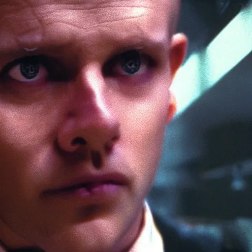 Image similar to close up portrait of a runaway replicant in an empty room, still from the movie bladerunner