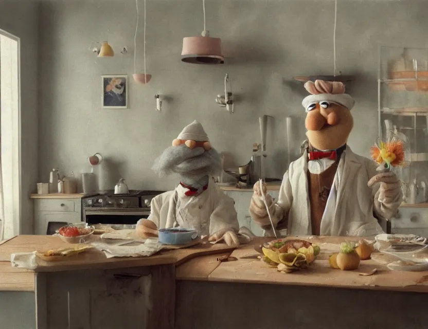 Prompt: muppet swedish chef cooking in a kitchen in country house, cottage core, cinematic focus, polaroid photo bleached vintage pastel colors high - key lighting, soft lights, foggy, by steve hanks, by lisa yuskavage, by serov valentin, by tarkovsky, 8 k render, detailed, oil on canvas