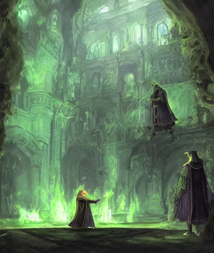 Image similar to a concept art of a wizard in his castle discovering a magic scroll that gives eternal life, atmospheric magic dark scene with green fires in the lights, a big door in the background