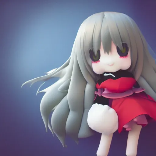 Image similar to cute fumo plush of a girl with a big heart, hair blocking eyes, twee velvet dressed monstergirl, v - sign, blob anime, bokeh, vray