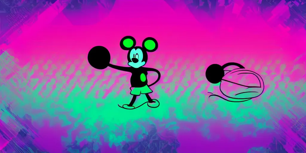 Image similar to vaporwave, vector graphics, somber mickey mouse silhouette, synthwave, neon