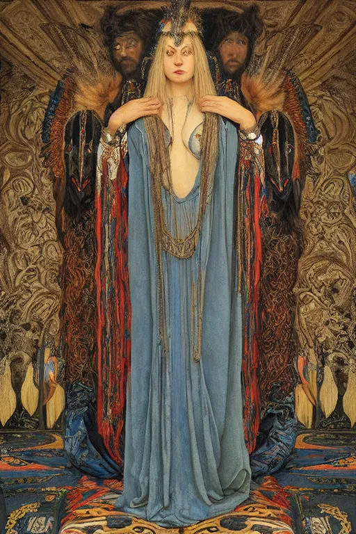 Image similar to portrait of the crow queen, by Donato Giancola and John Bauer and John William Godward and Vermeer, embroidered velvet, iridescent beetles, rich color, ornate headdress, flowing robes, lost runes, ancient civilizations,featured on Artstation, cgisociety, unreal engine, extremely detailed