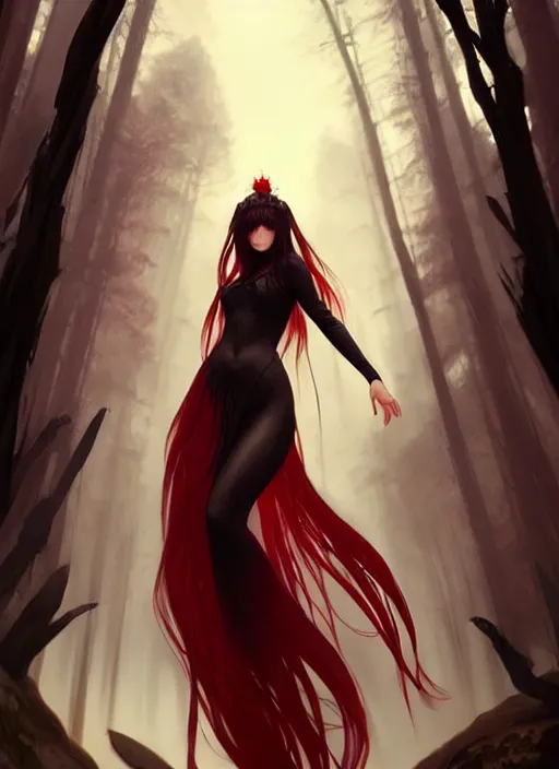 Prompt: a beautiful cinematic sexy female seraphim, black wings slightly burnt, fantasy forest landscape, fantasy magic, long hairstyle, long red black fade hair, dark light night, intricate, elegant, sharp focus, illustration, highly detailed, digital painting, concept art, matte, art by WLOP and Artgerm and Greg Rutkowski and Alphonse Mucha, masterpiece