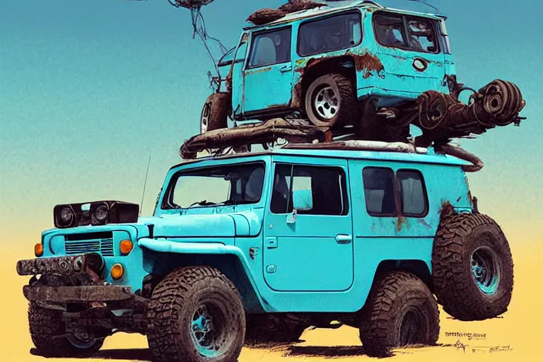 Image similar to digital illustration of a faded cyan mad max's fj 4 0 decrepit!!!! pursuit special, rusty!!! nissan fj cruiser heavily modded 1 9 9 0 s, the last v 8 interceptor by makoto shinkai, ilya kuvshinov, lois van baarle, rossdraws, basquiat