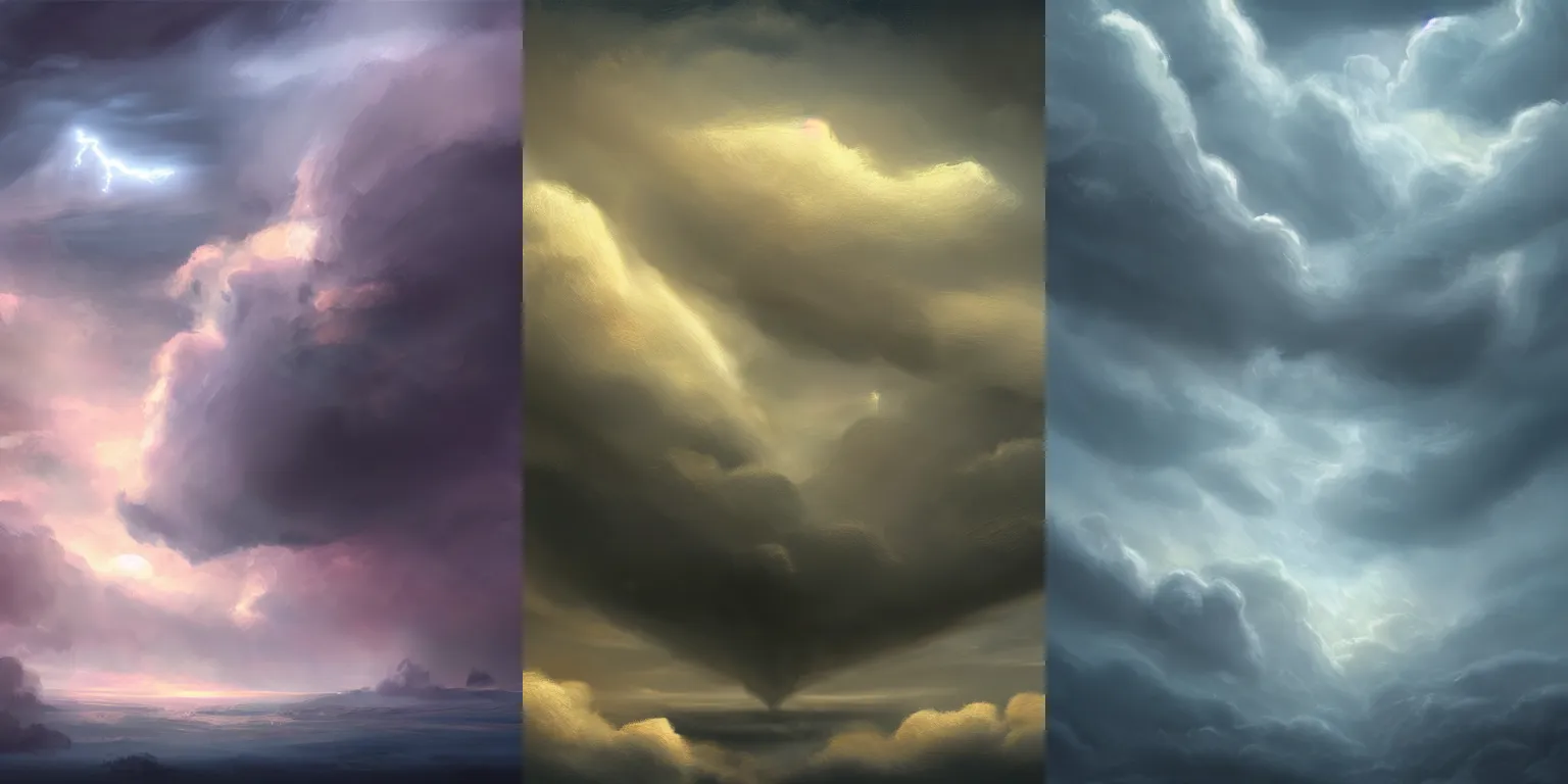 Prompt: Clouds. Storm. Key shape. Fantasy, digital painting, HD, 4k, detailed, artwork, bloom, lighting.