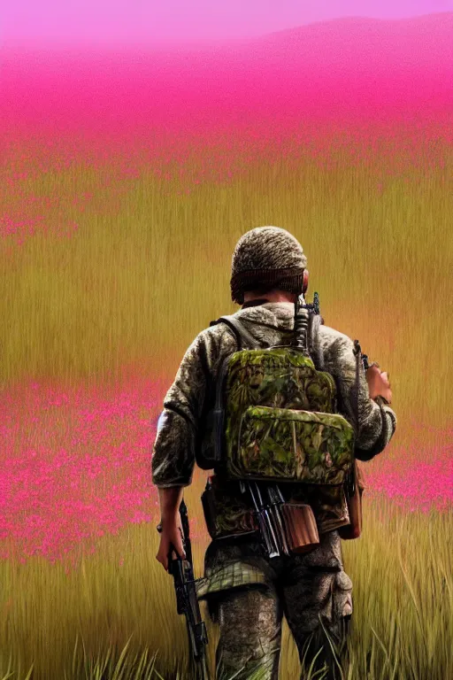 Prompt: a sniper in ghillie suit with pink flowers, walking in high grass field, artstation, concept art, cinematic, cinematic lighting, sharp focus, gtav poster