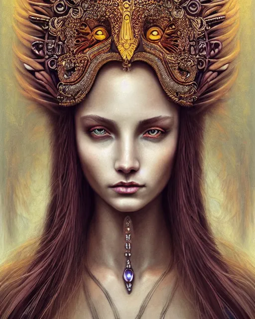 Prompt: portrait of a beautiful goddess, unusual beauty, esoteric, head in focus, fantasy art, ornamental aesthetics, intricate, elegant, highly detailed, hyperrealistic painting, concept art, painterly, sharp focus, illustration, art by ive freya