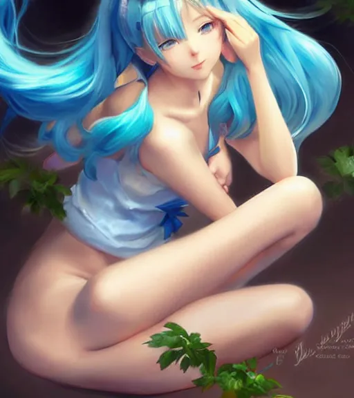 Prompt: Anime art very beautiful Hatsune miku by Gil Elvgren, Vladimir Volegov, Earl Moran, Enoch Bolles, beautiful legs