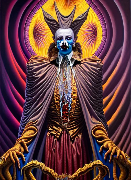 Prompt: beautiful oil painting, full length portrait of vampire dauphinois in baroque coronation robes 1 7 0 1, dan mumford, dan mumford, alex grey, hyacinthe rigaurd, highly detailed, lsd visuals, dmt fractal patterns, visionary art, psychedelic art, ornate, vaporwave, baroque, greg rutkowski