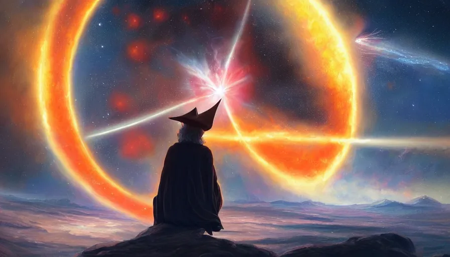 Image similar to a beautiful painting of gandalf watching a red giant star going supernova in the sky of an alien world, ray traced lighting by jean kalin popov and greg rutkowski