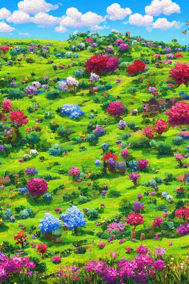 Prompt: a countryside in spring, green hills and blue sky with patches of clouds, nature in all its beauty, some houses in the background, star - shaped flowers in the foreground, digital painting, pixel art, detailed,