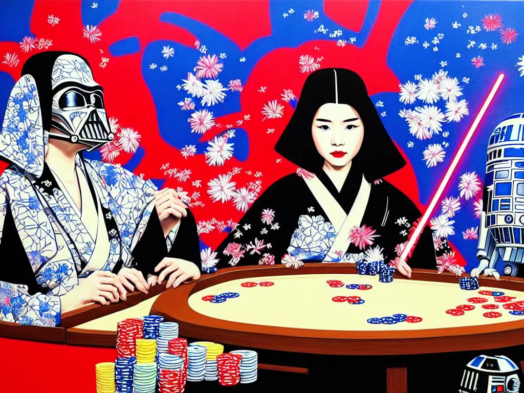 Prompt: hyperrealistic composition of the detailed woman in a japanese kimono sitting at a poker table with detailed darth vader and r 2 d 2, fireworks, mount fuji on the background, pop - art style, jacky tsai style, andy warhol style, acrylic on canvas