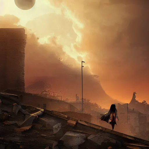 Image similar to A beautiful picture of a suicidal girl against the background of ruins of a destroyed city and a yellow -red moon, artstation, extremely detailed, stunning volumetric lighting, atmosphere, hyper realism