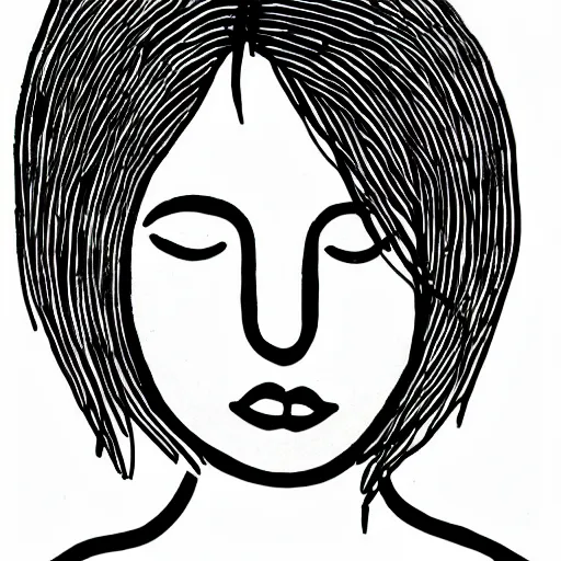 Image similar to hand - drawn minimalistic line portrait of woman with round face, short nose, small round eyebrows, wide lips and kind green eyes with cannabis leaf inside, black and white, pictogram, ink, pencil