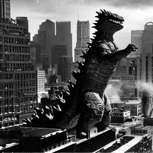 Image similar to a newsreel photo of godzilla rampaging through downtown minneapolis