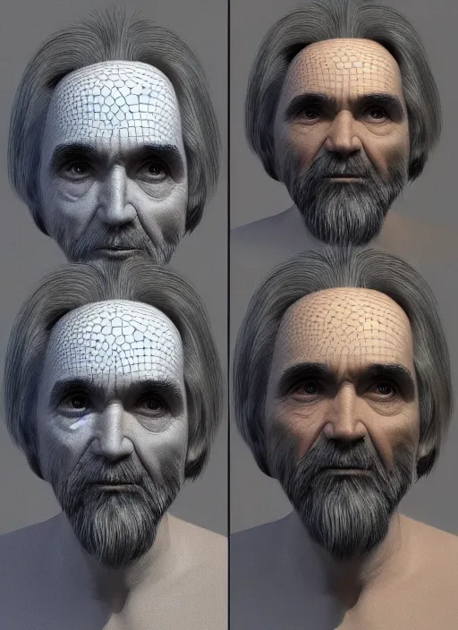 Image similar to 3 d render by alex grey depicting charles manson wearing a corn costume, 8 k, blender, wayne thiebaud brushstrokes