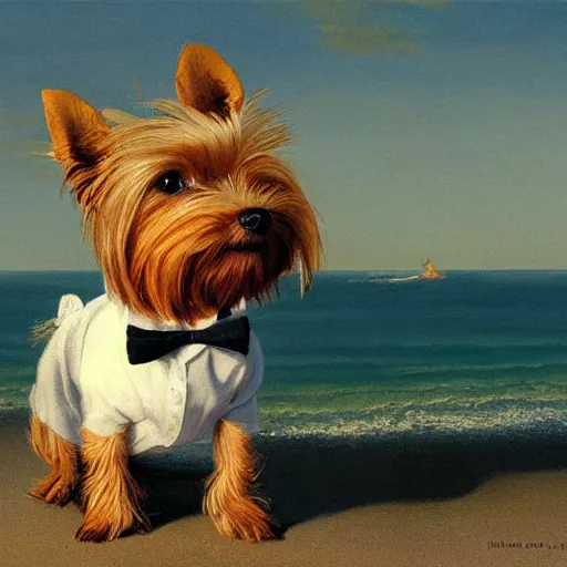 Prompt: a Yorkshire terrier at the beach wearing a bow tie, extremely detailed masterpiece, illustration, by Michael Sowa,