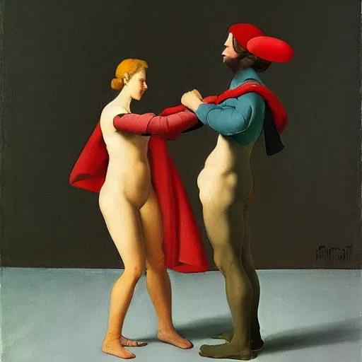 Image similar to a lovers quarrel with swords and knives by Raphael, Hopper, and Rene Magritte. detailed, romantic, enchanting, trending on artstation.