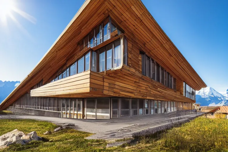 Image similar to architecture photo modern fachwerk wooden school with Elbrus mountain on the background, architecture, photorealism 8k , shining and happy atmosphere, uplight, high details