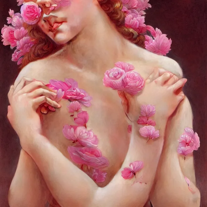 Image similar to a wonderful goddess with the skin made of pink petals, perfect hands, intricate, elegant, highly detailed, wonderful eyes, sweet, digital painting, artstation, concept art, smooth, sharp focus, illustration, art by artgerm and greg rutkowski and alphonse mucha and william - adolphe bouguereau