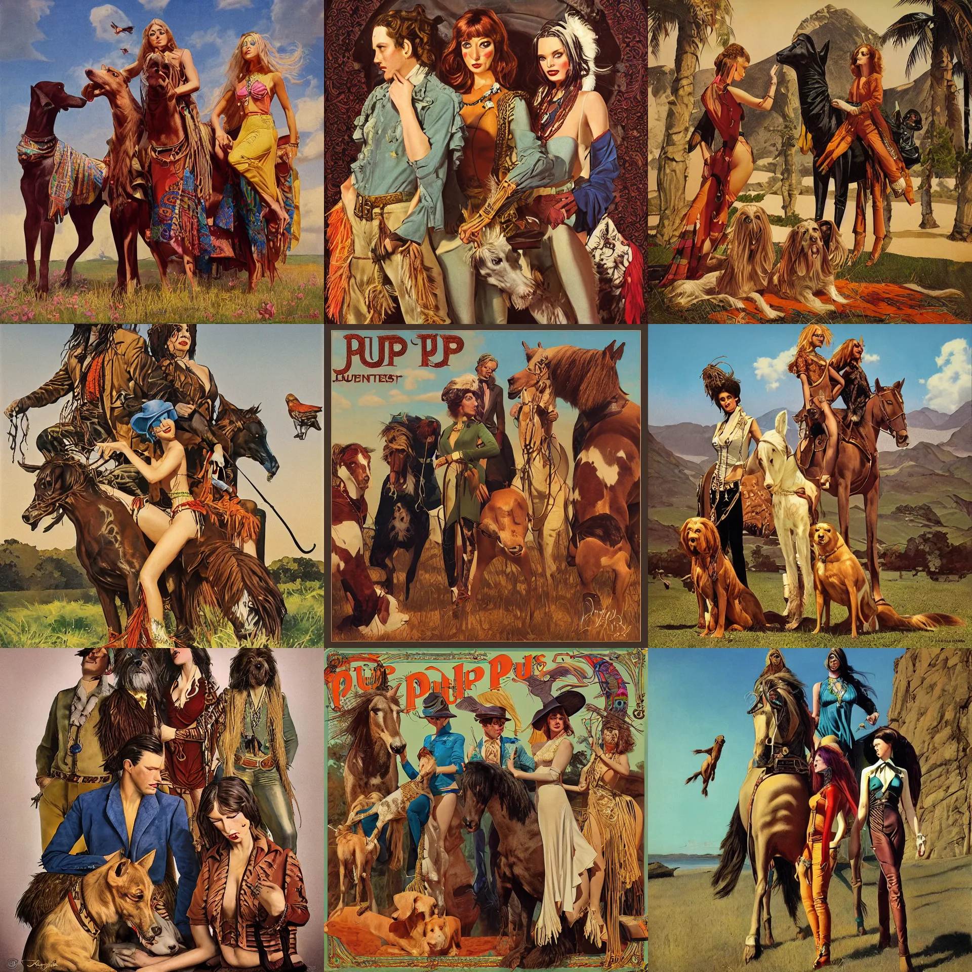 Image similar to pulp art, artwork by Joseph Leyendecker and Robert McGinnis and Alfred Henry Maurer, 3d octane blender render, Hippie and boho fashion 1970s, horses, dogs, birds, progressive rock album cover