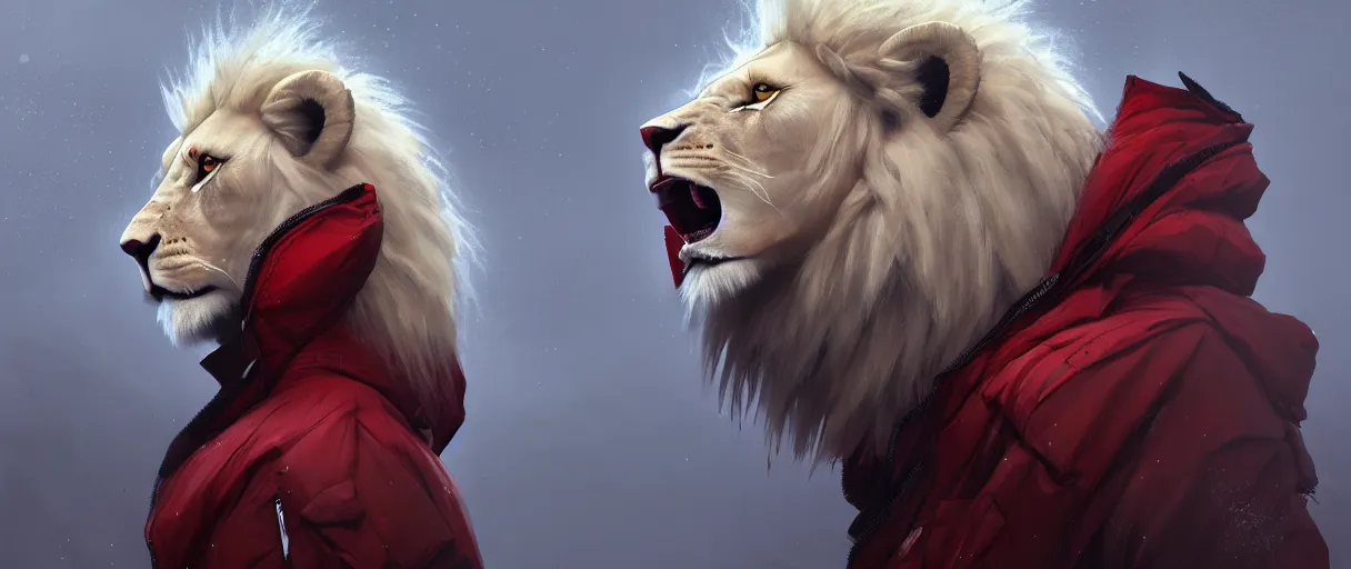 Prompt: commission portrait of a male anthro albino lion wearing a red-black puffer jacket.dramatic,character design by charles bowater,greg rutkowski,ross tran,hyperdetailed,hyperrealistic,4k,deviantart,artstation,professional photography,concept art