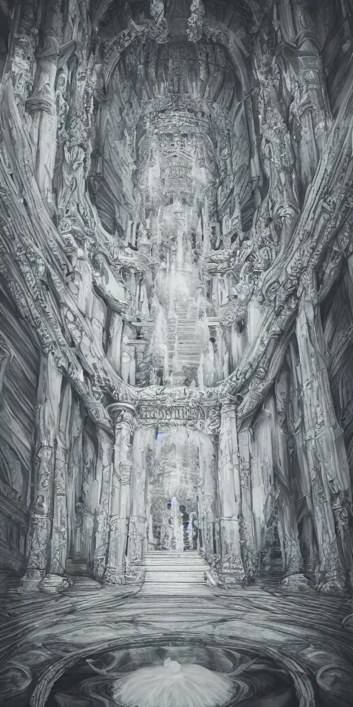 Image similar to frozen heaven, abstract undertones, intricate details, beautiful architecture, high castle, beautiful temple, marble stairs, delicate structure, color grade, trending on artstation