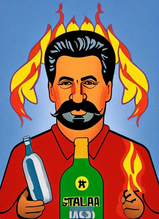 Image similar to stalin with a bottle of vodka, icon with a halo of fire, scary detailed art in color