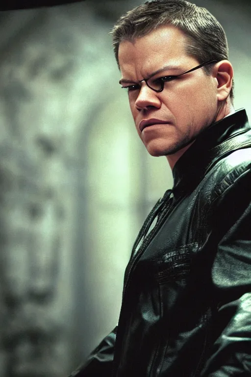 Prompt: A still of Matt Damon as Neo in The Matrix, close-up, sigma male, rule of thirds, award winning photo, unreal engine, studio lighting, highly detailed features, interstellar space setting