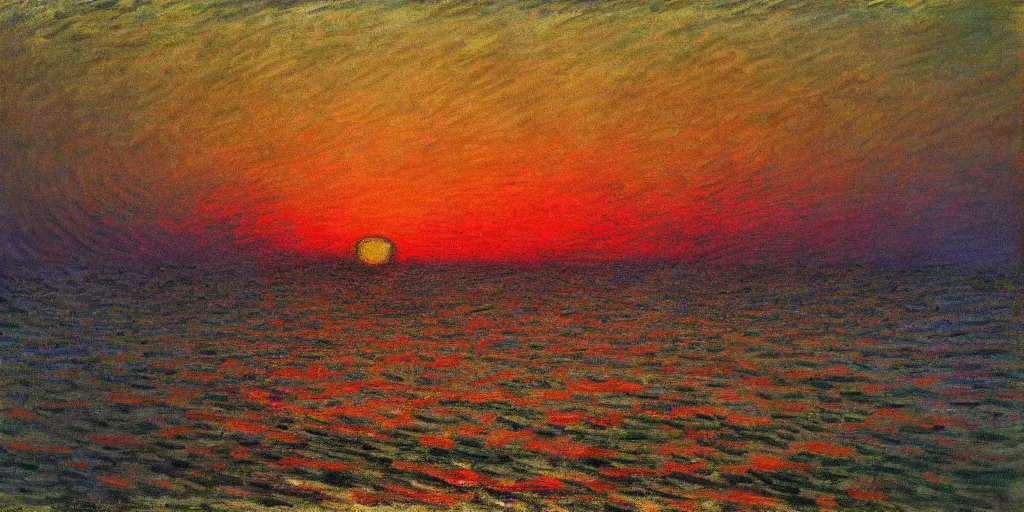 Image similar to An aesthetically pleasing, dynamic, energetic, lively, well-designed digital art of a sunset, light and shadow, caustics, by Claude Monet, superior quality, masterpiece, excellent use of negative space.