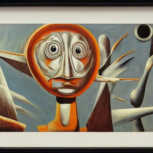 Prompt: An oil painting of a strange alien creature by Max Ernst and Giorgio de Chirico, trending on artstation