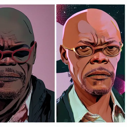 Image similar to a study of cell shaded portrait of Cartoonish Samuel L Jackson concept art, llustration, post grunge, concept art by josan gonzales and wlop, by james jean, Victo ngai, David Rubín, Mike Mignola, Laurie Greasley, highly detailed, sharp focus, alien, Trending on Artstation, HQ, deviantart, art by artgem