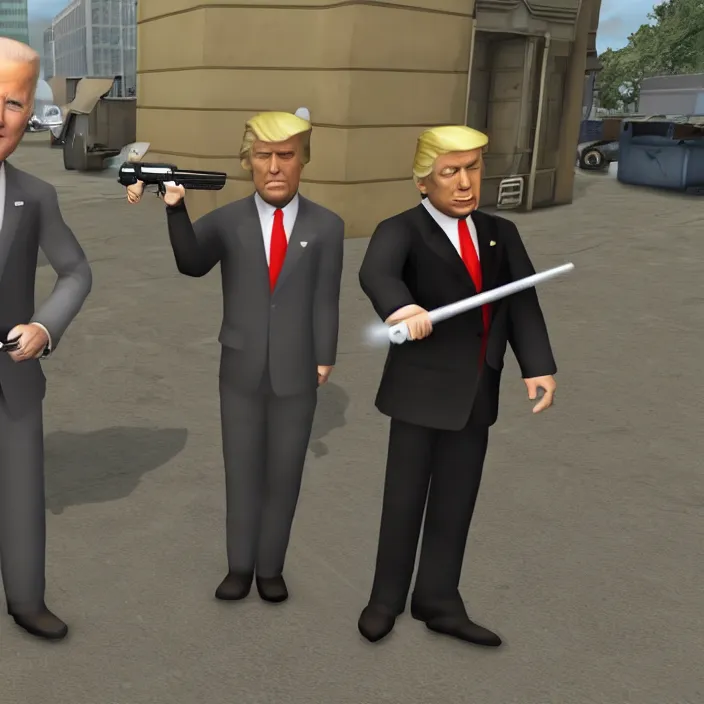 Prompt: Joe Biden and Donald Trump in Garrys Mod Holding a Physics Gun, Gameplay Screenshot, Direct Warm Lighting, High Graphics, Detailed