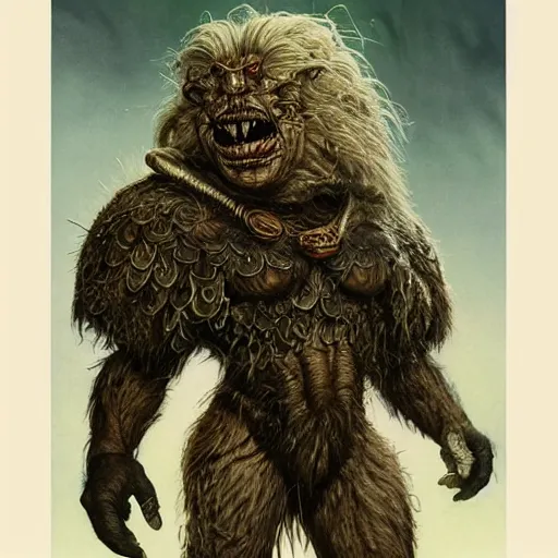 Image similar to head and shoulders ( ( ( vogue fashion photo portrait ) ) ) of a bugbear, d & d, fantasy, greg rutkowski, frank frazetta, alexandre chaudret, boris vallejo, michael whelan, miro petrov, hr giger, magali villeneuve, donato giancola