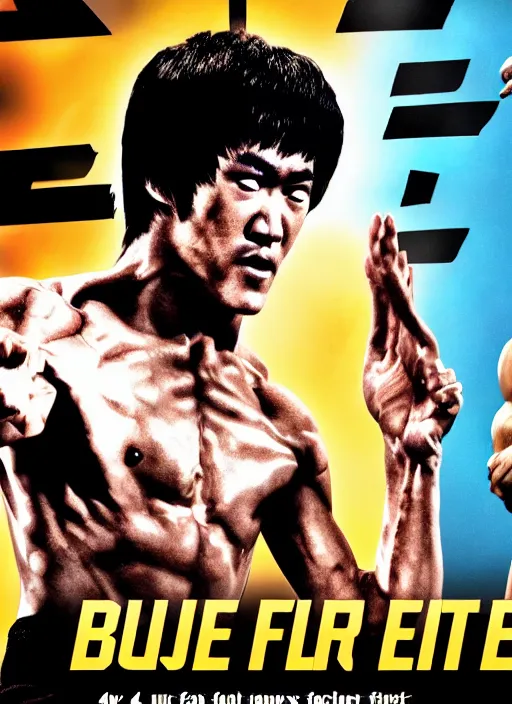 Image similar to Film poster Bruce lee fights VS terminator, full body, detailed and realistic, 4k, filmic render