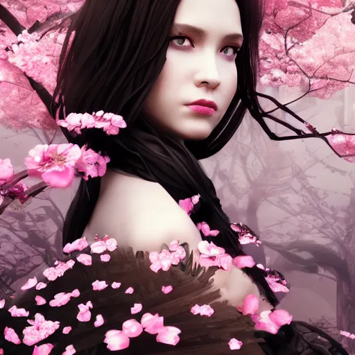 Image similar to beautiful girl in a dress made of black roses and cherry blossoms, beautiful portrait, symmetrical, character concept style trending on artstation concept art detailed octane render cinematic photo - realistic 8 k high detailed