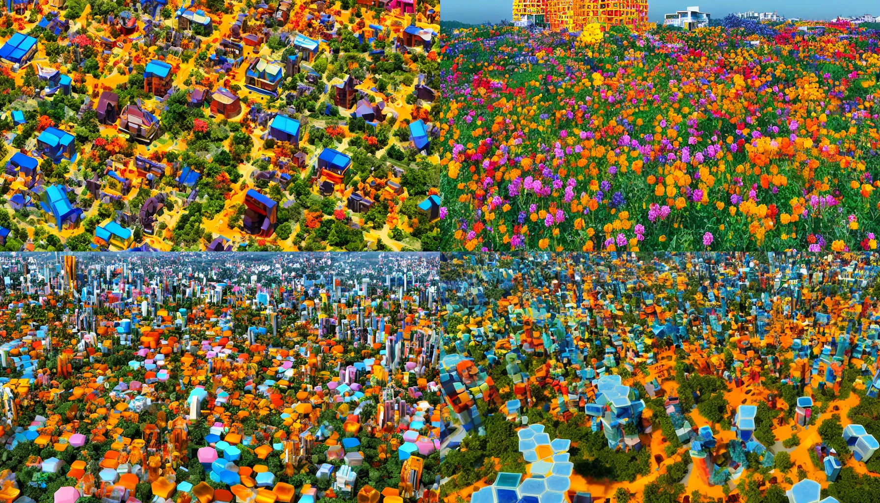Prompt: futuristic cottagecore hexagonal skyscraper village covered in bright colourful fields of flower and thick viscous amber nectar