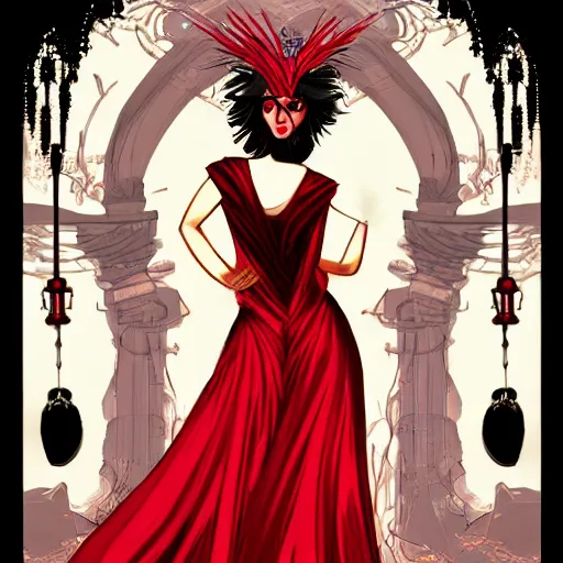 Image similar to urban fantasy character portrait of the goddess of trysts, ownership, hospitality and epiphanies, a vision in a scarlet ballgown, with raven tresses artfully atop her head, intoxicating, slight, asymmetrical face, inescapable presence, every line of perspective, every gaze, every beam of light curves towards Her, adulation