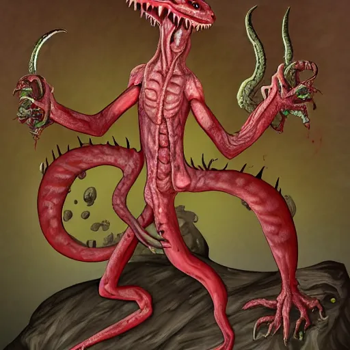 Image similar to big butcher anthropomorphic male lizardfolk posing scarily, scary angry pose, chasing you, bloody, covered in blood, fresh kill, cleaver, in a cave, earie setting, lovecraft eldritch horror, hyperdetailed, furaffinity, anthro art