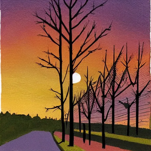 Prompt: pittsburgh, distant, sunset, trees, looking down, art by tom hammick