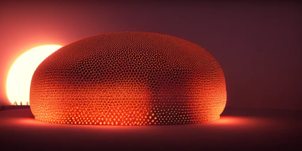 Prompt: A beautiful photo of a round shaped trypophobia house with a mysterious red glow emitting from inside, by octane render and corona render, stunning, gorgeous, golden ratio, photorealistic, featured on artstation, 4k resolution